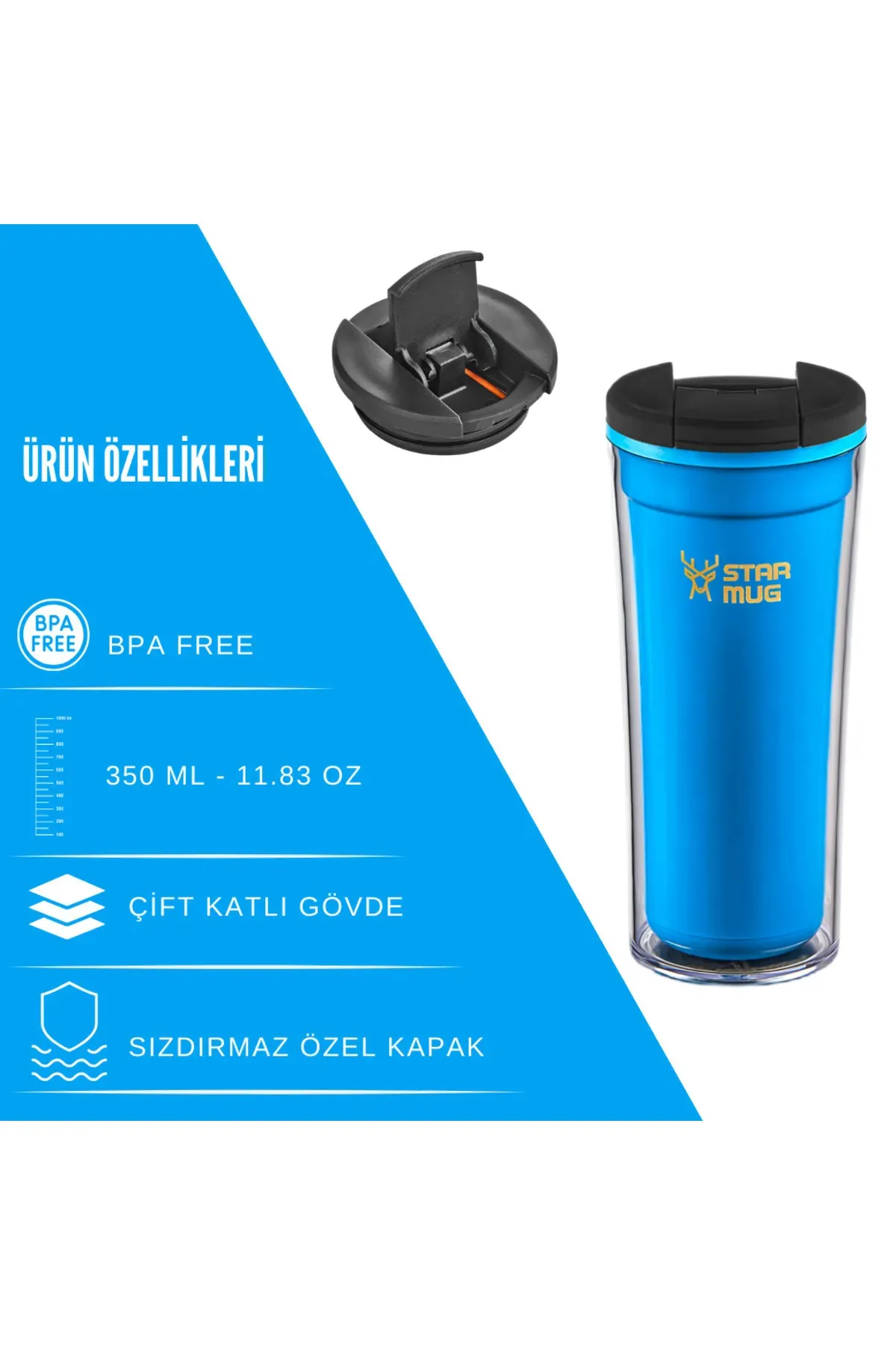 Termos Star Mug  350 ml  Opak Mavi Çift Katmanlı Kupa Sızdırmaz - Piknik Kamp Outdoor