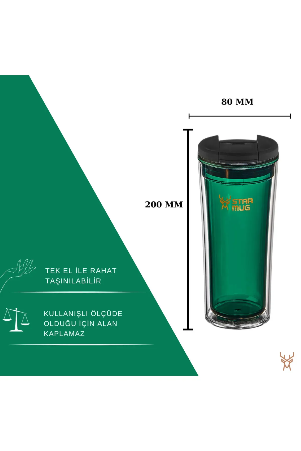 Termos Star Mug  350 ml  Şeffaf Yeşil Çift Katmanlı Kupa Sızdırmaz - Piknik Kamp Outdoor