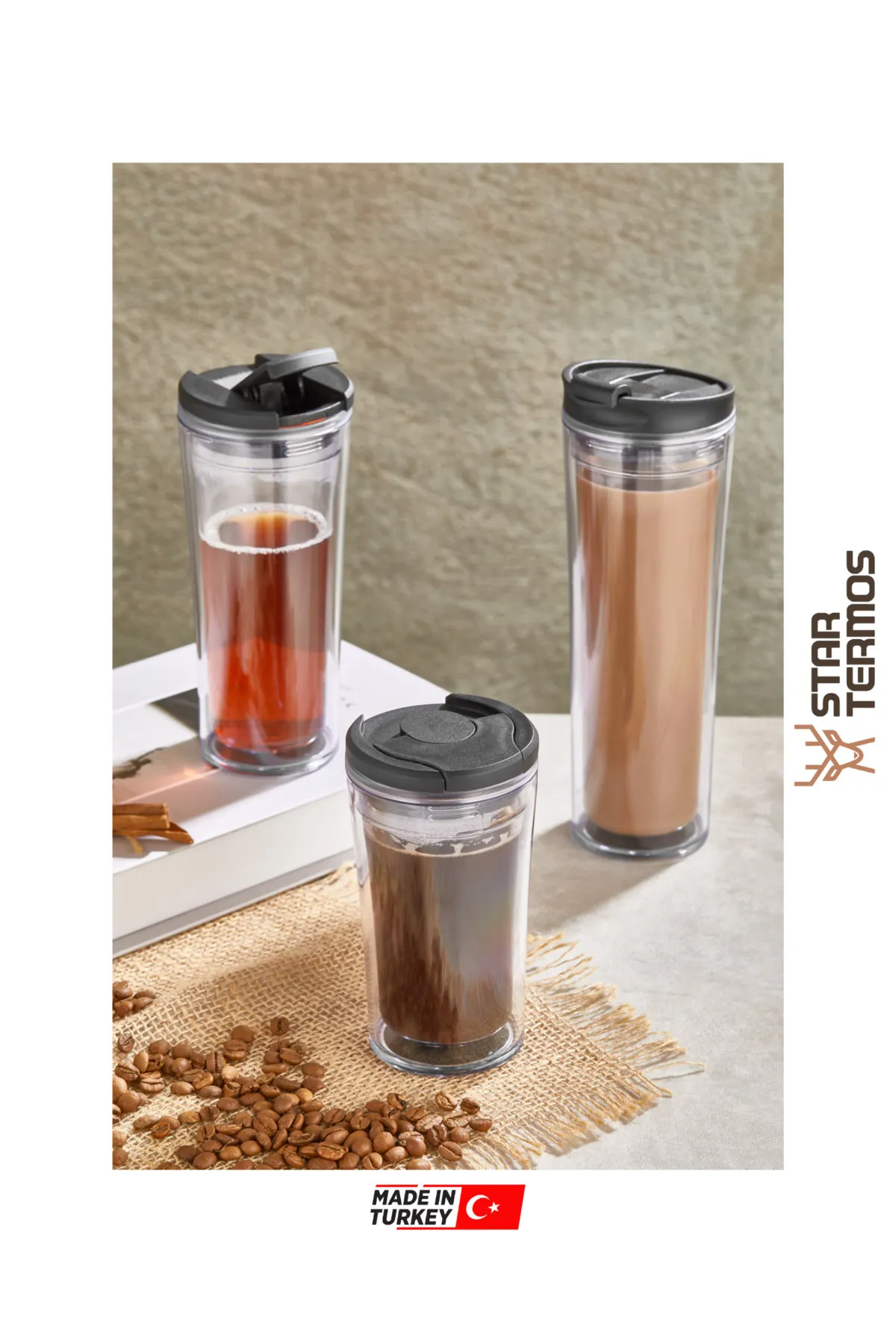 Termos Star Mug  350 ml  Şeffaf Kırmızı Çift Katmanlı Kupa Sızdırmaz - Piknik Kamp Outdoor