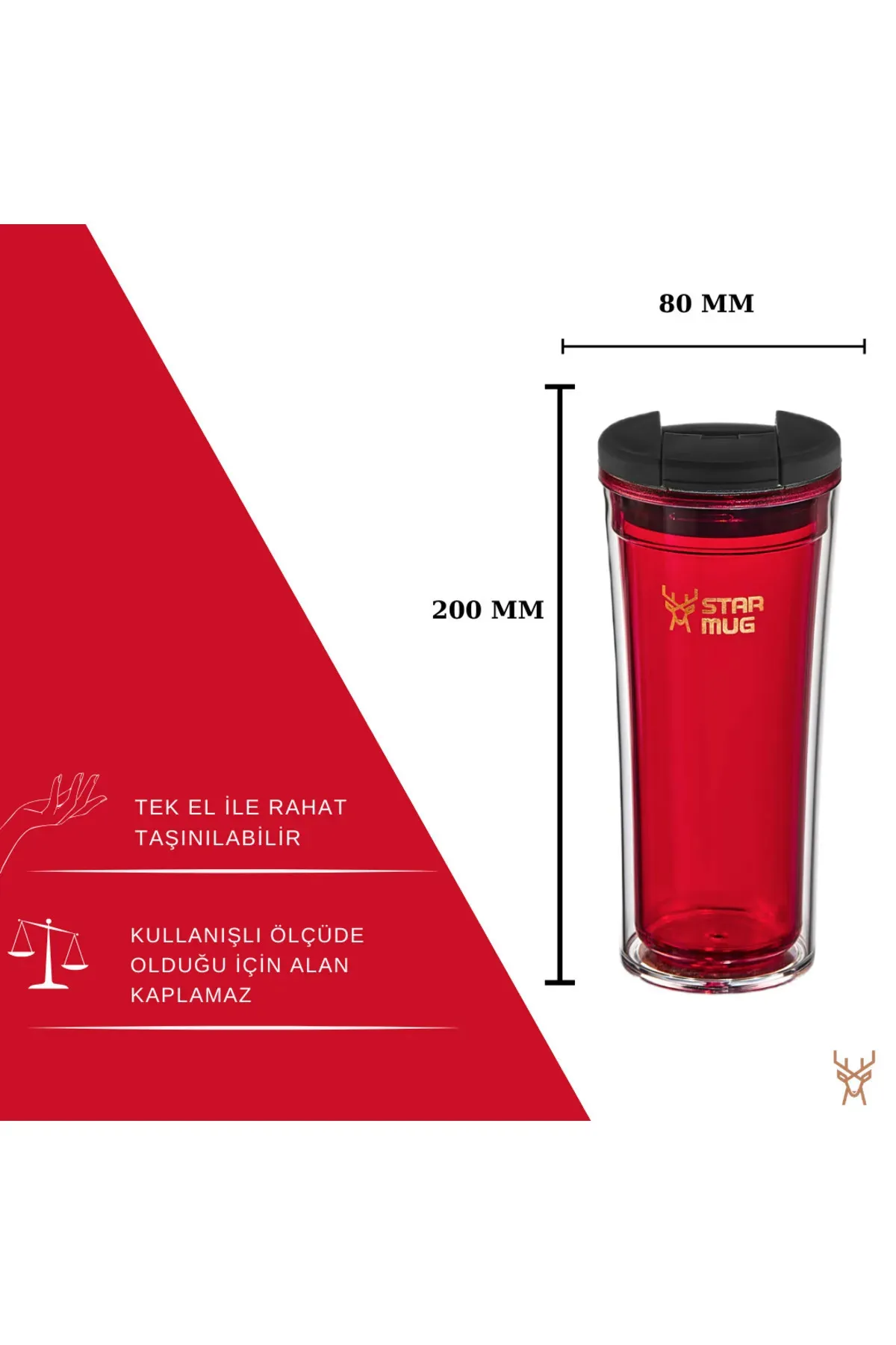 Termos Star Mug  350 ml  Şeffaf Kırmızı Çift Katmanlı Kupa Sızdırmaz - Piknik Kamp Outdoor