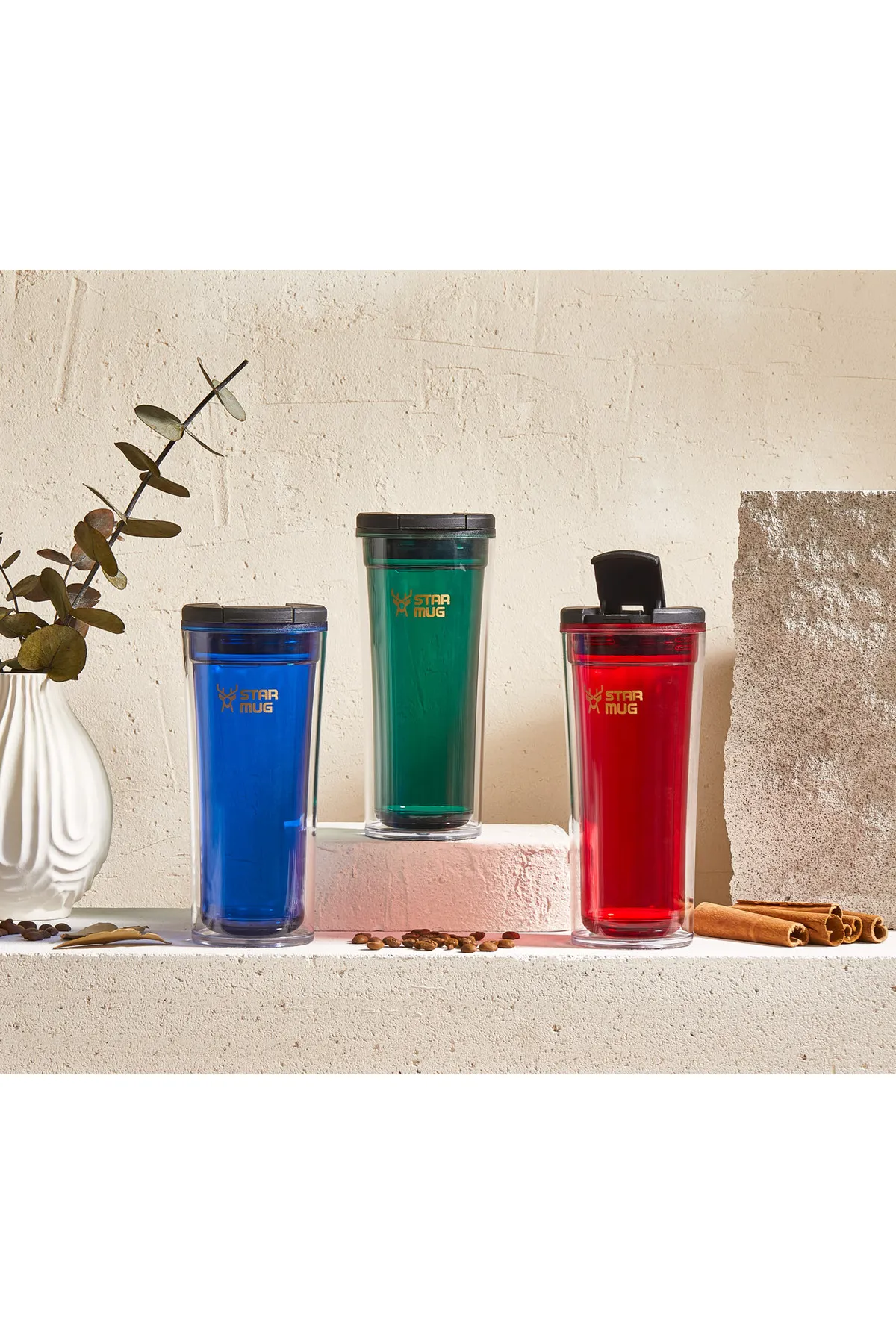 Termos Star Mug  350 ml  Şeffaf Kırmızı Çift Katmanlı Kupa Sızdırmaz - Piknik Kamp Outdoor