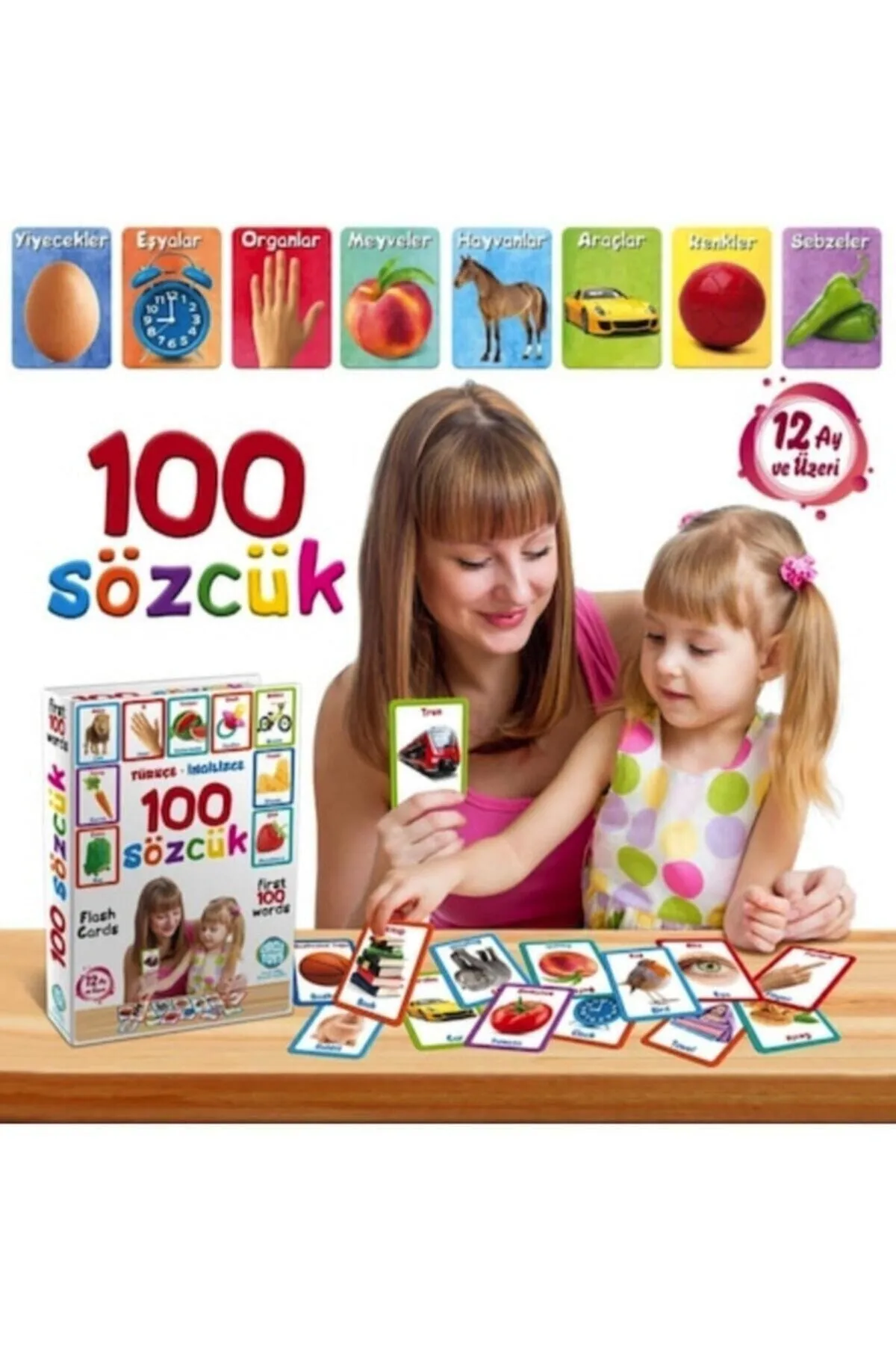 Türkçe - İngilizce 100 Sözcük Bebek Eğitim Kelime Sözcük Kartı