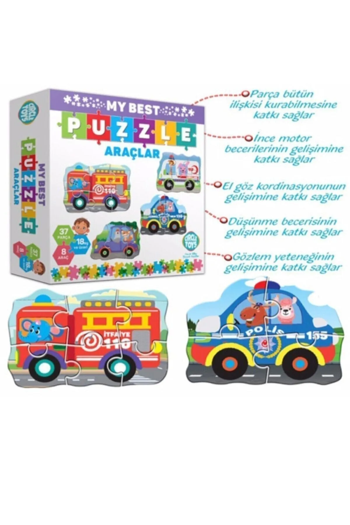 Araçlar Yapboz Seti Eğitici - Öğretici 8 Araç 37 Parça