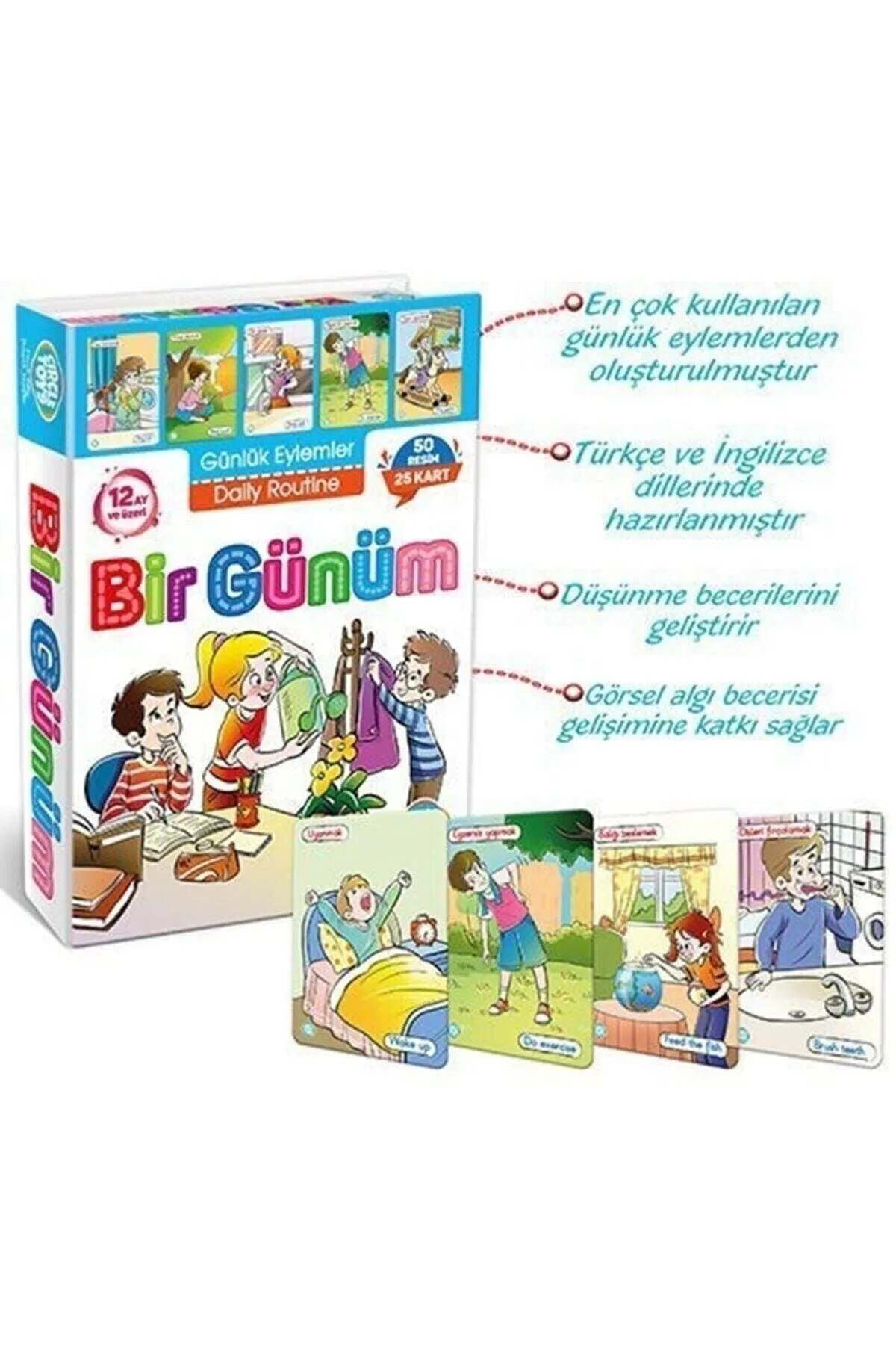 Bir Günüm, Türkçe-İngilizce Günlük Eylem Kartları 50 Resim 25 Kart
