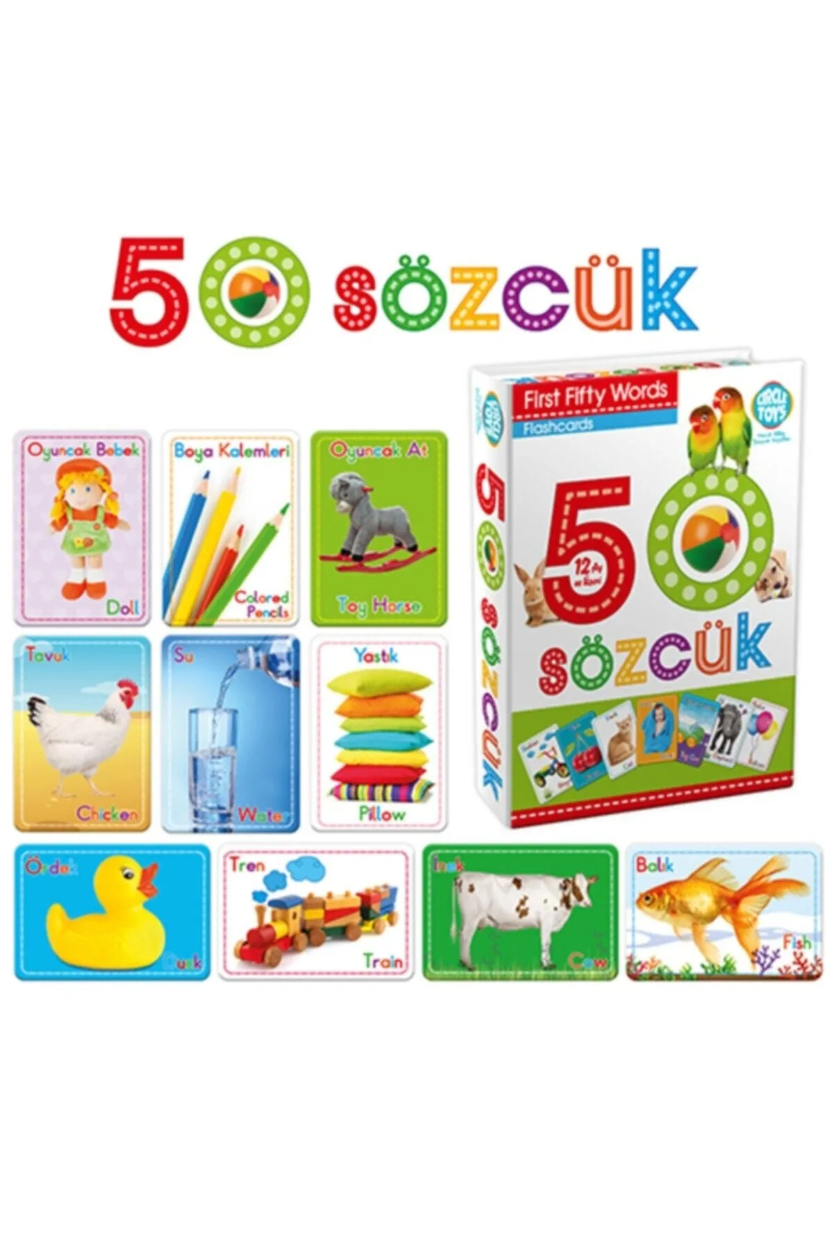 Türkçe - İngilizce 50 Sözcük Bebek Eğitim Kelime Sözcük Kartı