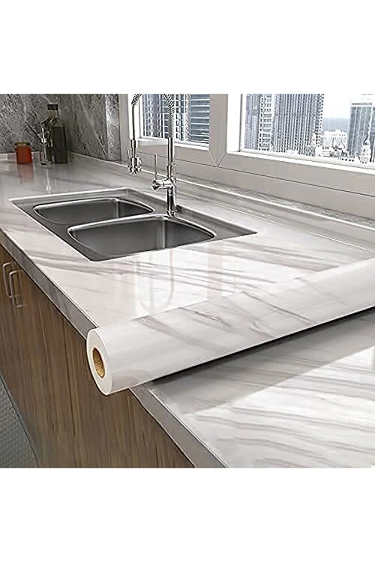 Mermer Desenli Beyaz Folyo Kaplama 5 Metre Yapışkanlı