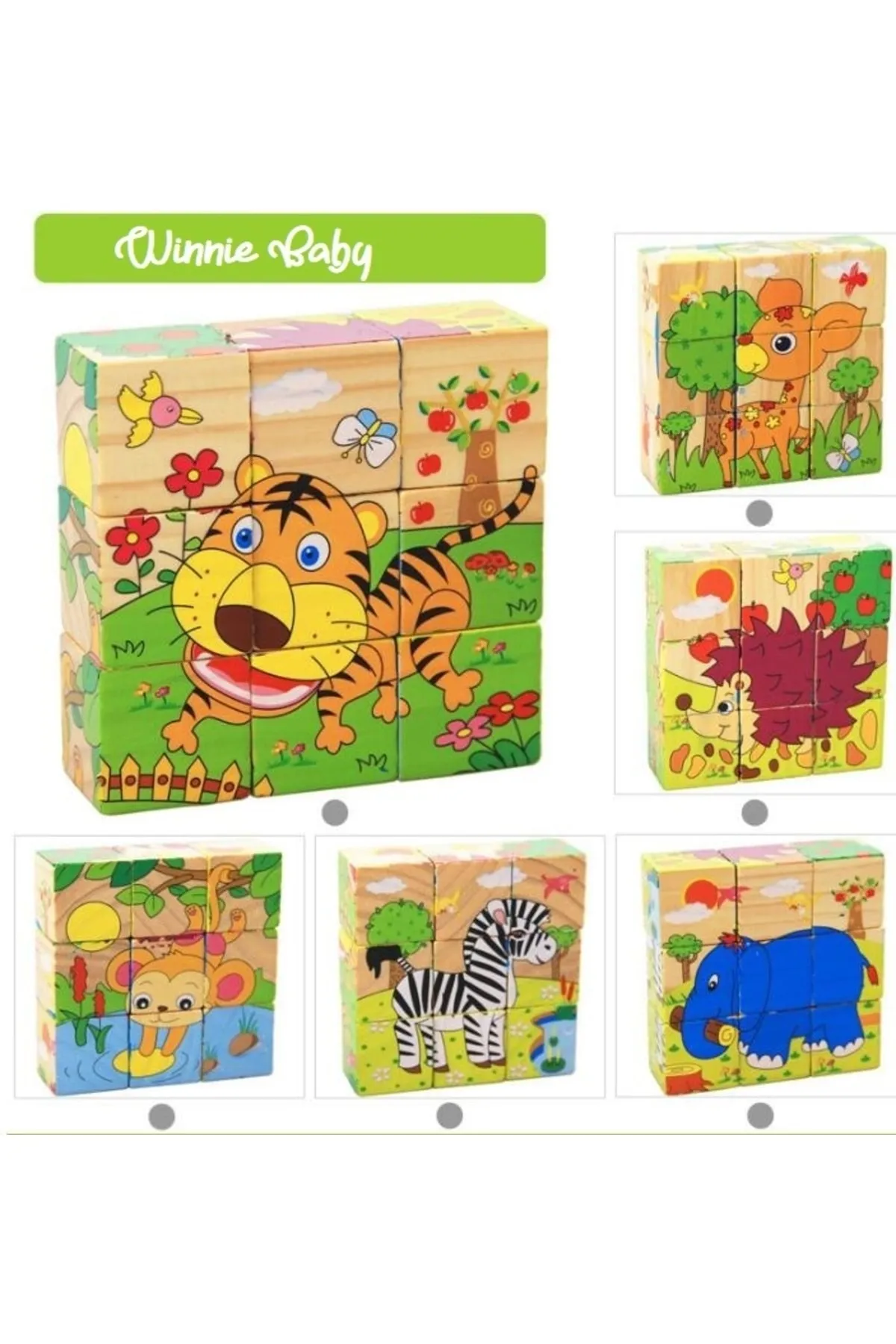 Ahşap 9 Parçalı Küp Puzzle 6 Farklı Desen Eşleştirme