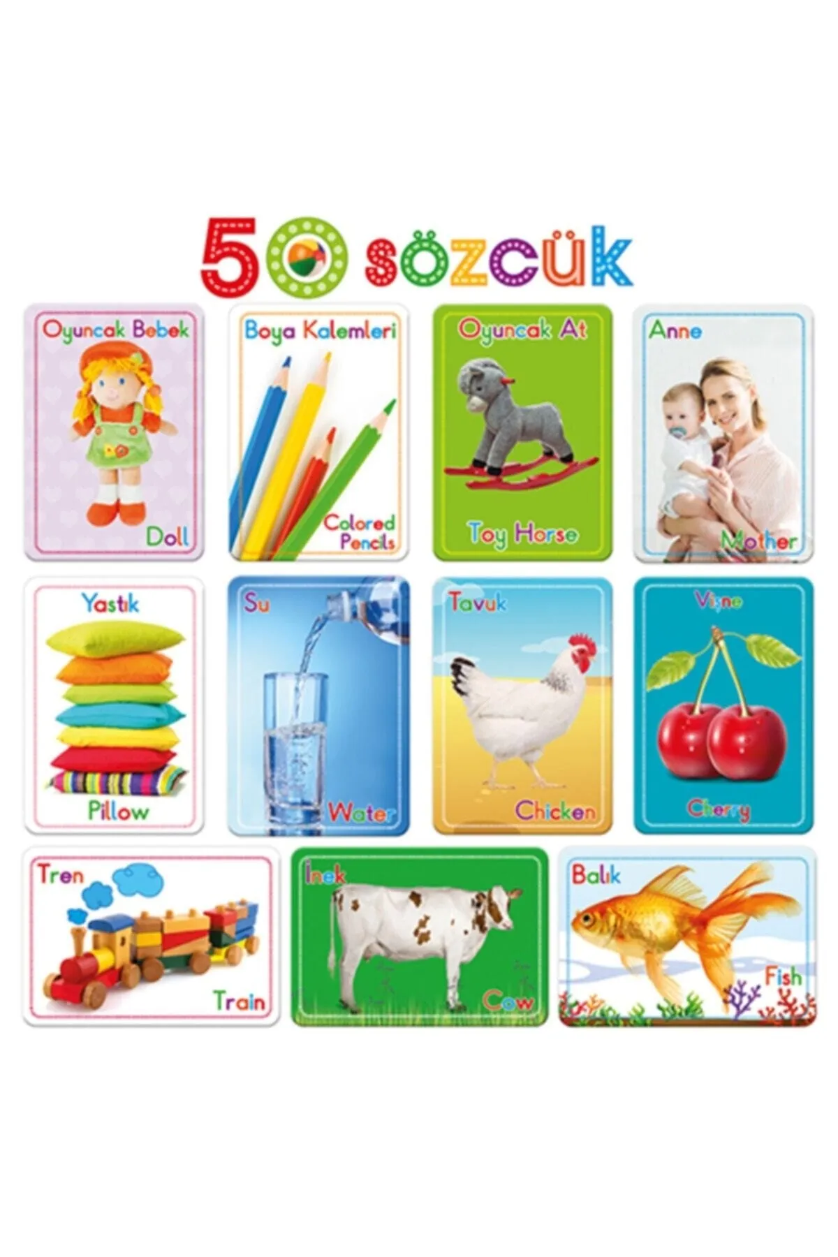 Türkçe - İngilizce 50 Sözcük Bebek Eğitim Kelime Sözcük Kartı