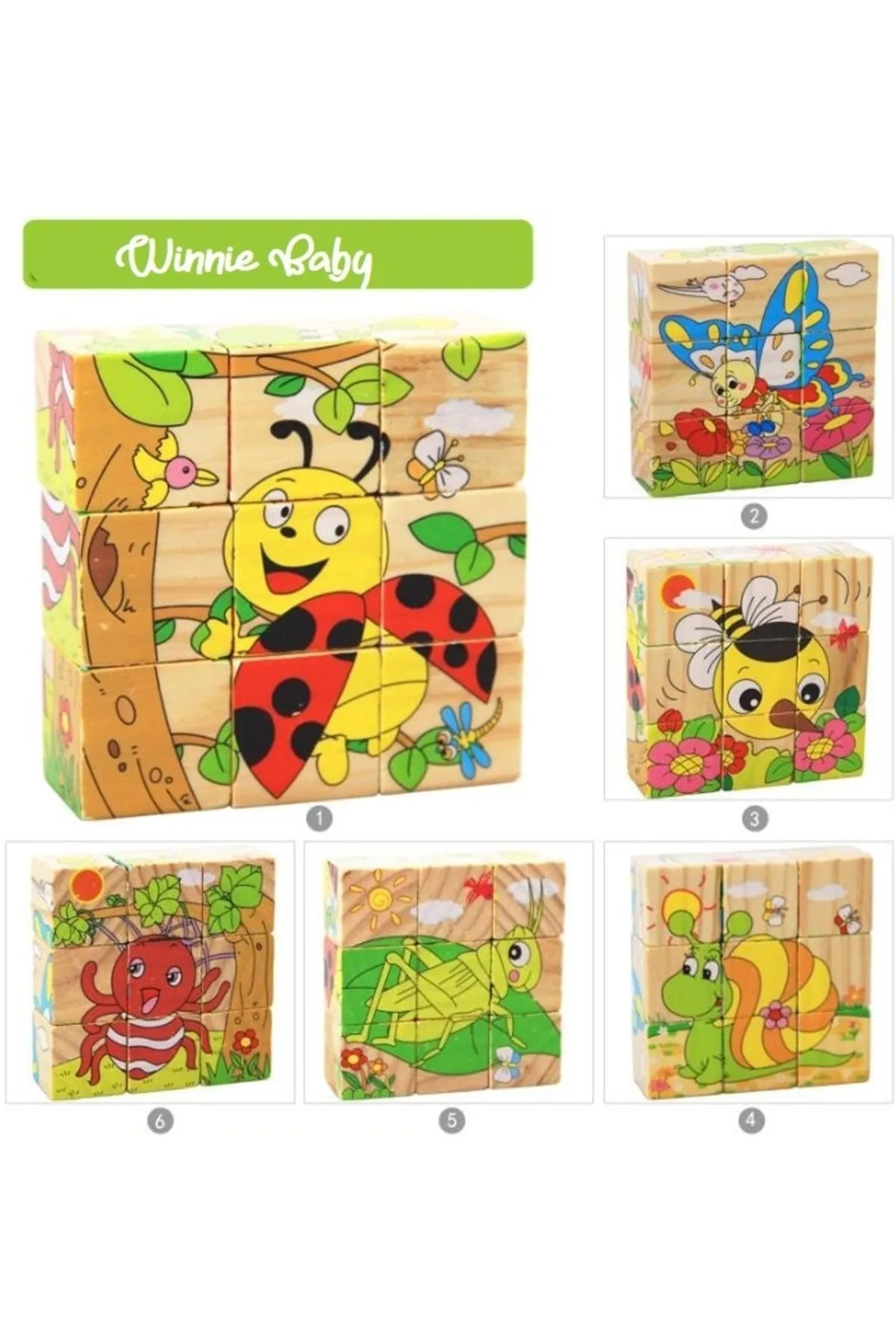 Ahşap 9 Parçalı Küp Puzzle 6 Farklı Desen Eşleştirme