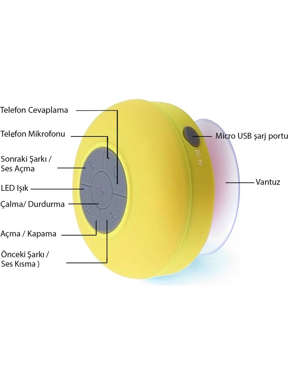 Su Geçirmez Mini Bluetooth Duş Hoparlörü Sarı