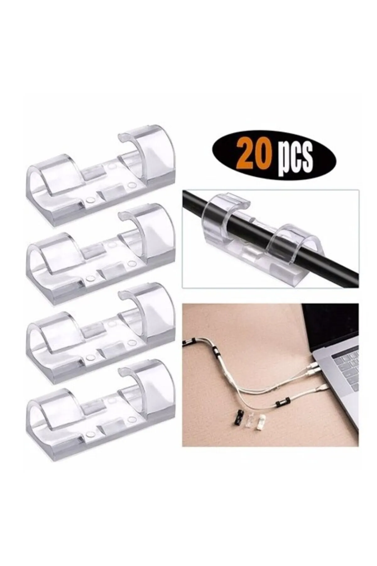 Kablo Sabitleyici Şeffaf Klips 20’li Yapışkanlı Pratik Kablo Düzenleme