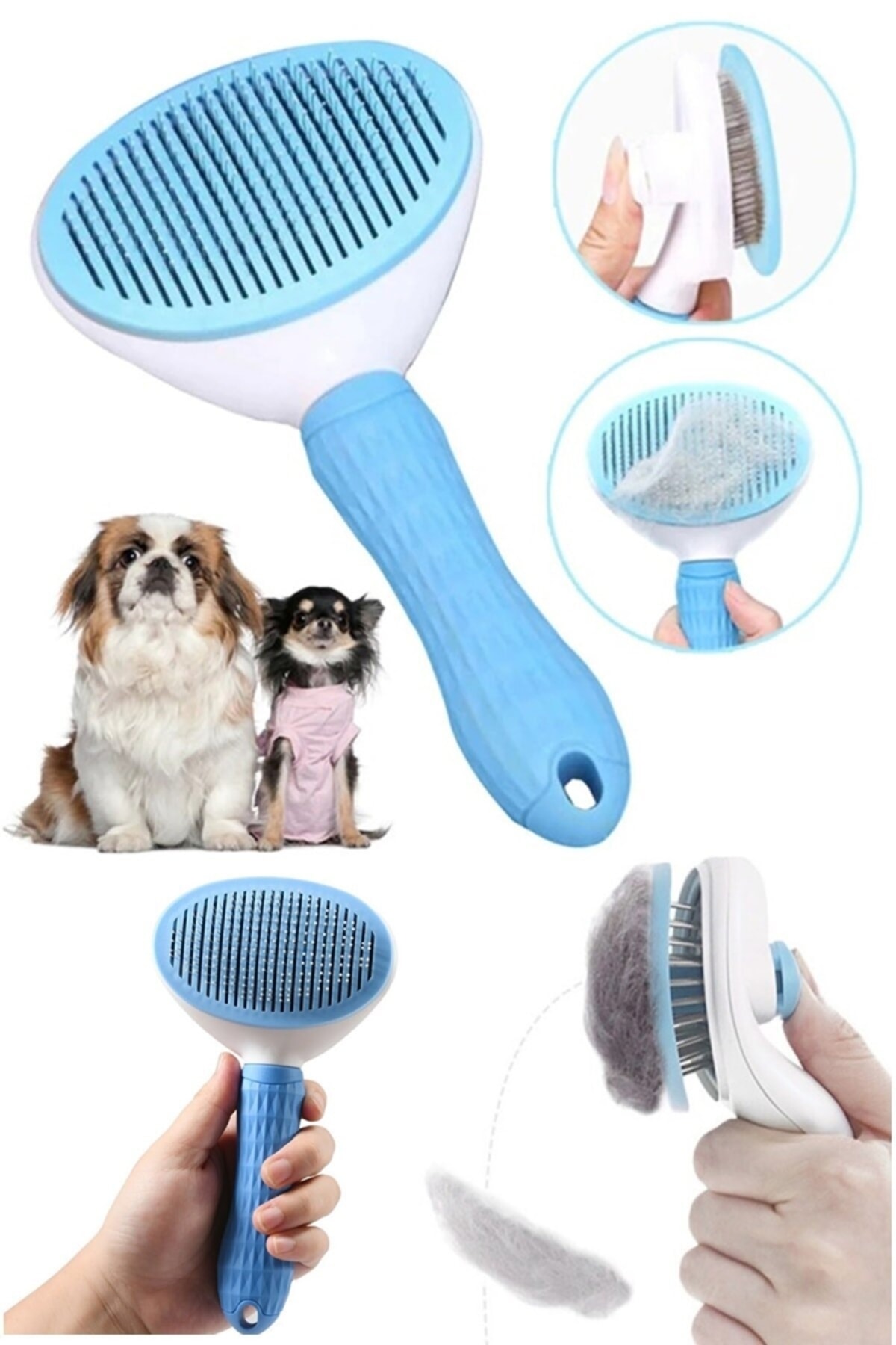 Otomatik Temizlenen Tuşlu Tarak Evcil Hayvan Fırçası Basmalı Kedi Köpek Tüy Toplayıcı Tarak Mavi