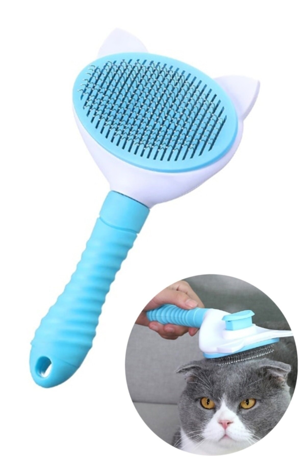 Otomatik Temizlenen Tuşlu Tarak Evcil Hayvan Fırçası Basmalı Kedi Köpek Tüy Toplayıcı Tarak Mavi